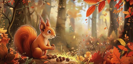 A squirrel holding acorns in a forest surrounded by autumn leaves with warm colors AI generated