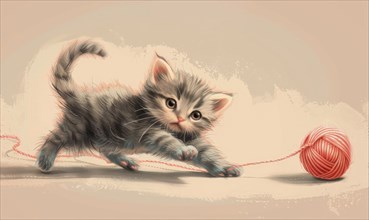 A playful kitten with grey fur reaches for a ball of yarn in a pastel-colored painting AI generated