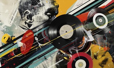 A colorful collage of various shapes and sizes, including a man and a record, with a yellow