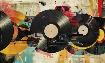 A colorful painting of several records with a black record in the middle. The painting has a