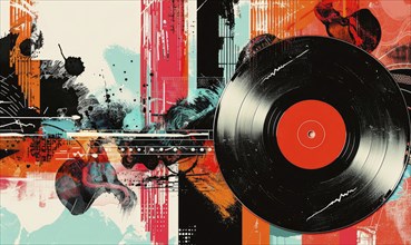 A colorful painting of a record with a black record on it. Multicolored abstract illustration. AI