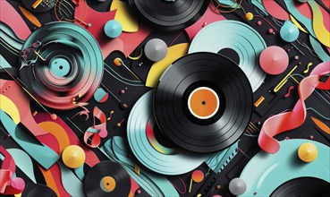 A colorful collage of various shapes and sizes, including a black record, with a vibrant and