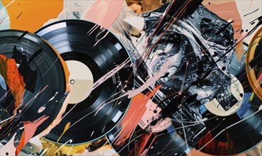 A colorful collage of old records with splatters of paint. Scene is chaotic and artistic, with the