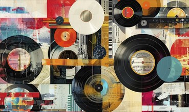 A colorful collage of old records and vintage music. Scene is nostalgic and artistic. AI generated