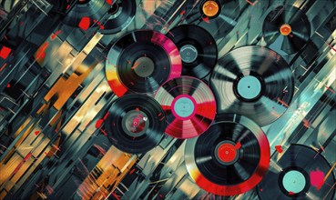 A colorful image of many records with a blue background. The records are in various colors and