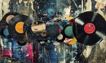 A colorful collage of old records with a blue background. The records are of various sizes and