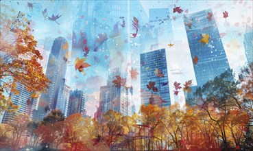 A painting of a city with a lot of leaves falling from the trees. The leaves are scattered all over