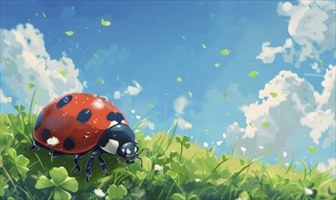 A ladybug is walking on a grassy field. The sky is blue and there are some clouds in the background