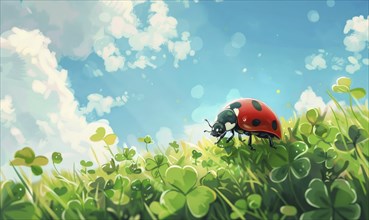 A ladybug is walking on a green grassy hill. The sky is blue and there are some clouds in the