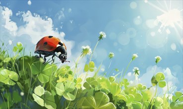 A ladybug crawling on a clover leaf in a bright and cheerful nature scene with sunlight and blue