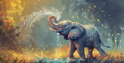 An elephant playfully splashing water with its trunk amidst a glowing sunset in a magical forest AI