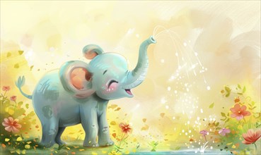 A painting of a baby elephant spraying water from its trunk AI generated