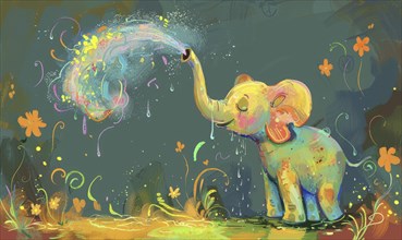 A colorful elephant is spraying water from its trunk. The elephant is sitting in a field of flowers