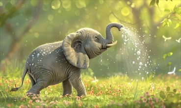 A baby elephant joyfully spraying water with its trunk in a sunlit forest clearing with flowers AI