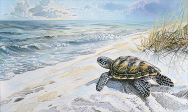 A turtle is walking on the beach near the ocean. The turtle is small and he is looking out to sea.