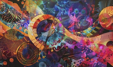 A colorful abstract painting with a spiral design. The painting is full of bright colors and has a