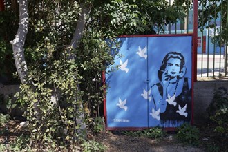 Portrait of Melina Mercouri on an electricity box, graffiti by street artist Ms Akaterini, Athens,