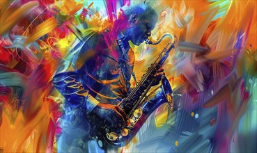 Abstract image of a saxophonist playing jazz, surrounded by vibrant and dynamic colors AI generated