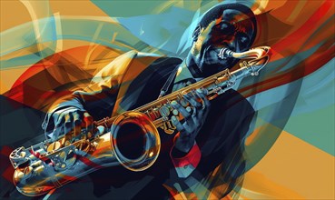 A dynamic, abstract portrayal of a jazz musician passionately playing the saxophone, surrounded by