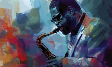 A man playing a saxophone in a colorful painting. The painting is abstract and has a lot of