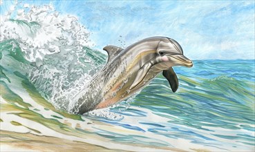 A lively dolphin bursts through the ocean surf with splashes against a bright blue sky AI generated