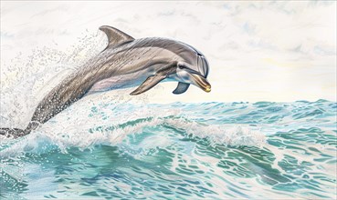 A dolphin jumps joyfully out of the ocean, creating splashes of water against a serene sky AI