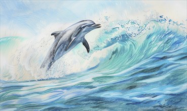 A dolphin gracefully leaps out of the ocean, surrounded by splashing waves under a clear blue sky