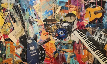 A collage of various musical instruments, including a guitar, drums, and a keyboard. Concept of