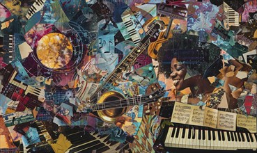 A collage of various musical instruments and notes, including a keyboard, a guitar, and a flute.