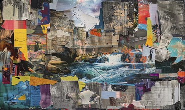 Abstract mixed media collage featuring a waterfall, textures and vibrant colors creating a chaotic