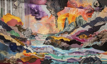 A colorful painting of a mountain range with a river running through it. The painting is made up of