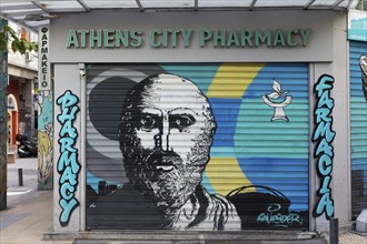 Portrait of Hippocrates, painted on the shutter of a pharmacy, graffiti, street art, Athens,