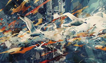 Abstract artwork of seagulls flying over a vibrant, chaotic cityscape with dynamic splashes of