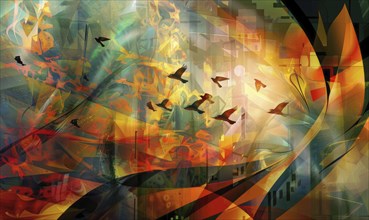 Abstract image with birds flying through a mystical forest with autumn colors and surreal elements