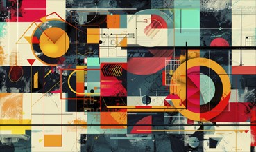 A dynamic abstract composition featuring geometric shapes in vivid colors including orange, red,