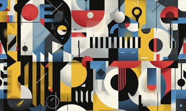 A vibrant abstract artwork with geometric shapes and a colorful palette, combining black, white,