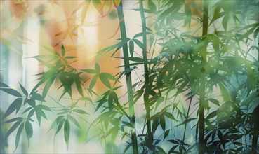 Abstract and serene image of green bamboo leaves casting shadows with orange undertones AI