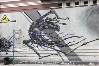 Monsters on the run, title Access Control, mural by street artists INO & Aiva, Athens, Greece,