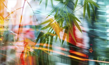 Abstract image with green bamboo leaves and vibrant orange light streaks creating a blurred effect