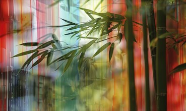 Abstract depiction of bamboo with colorful blurred background creating a peaceful and tranquil