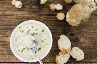 Homemade Porcini Soup on vintage background selective focus, close-up shot