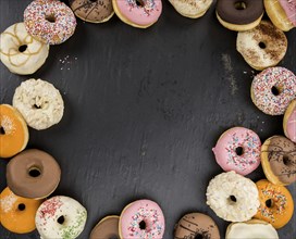 Some fresh made Donuts (view from above, close-up shot)