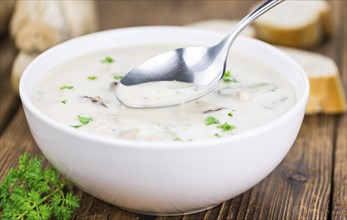 Homemade Porcini Soup on an wooden table as detailed close-up shot, selective focus