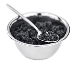 Portion of Black Caviar isolated on white background (selective focus)