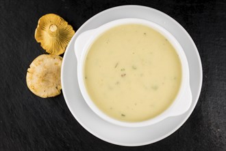 Some fresh Chanterelle Soup on a vintage slate slab, selective focus, close-up shot