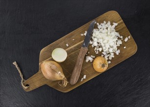 Portion of Chopped white onions as detailed close up shot on a slate slab, selective focus