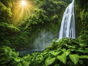 Verdant green rainforest with waterfall and sunrise in background, AI generated