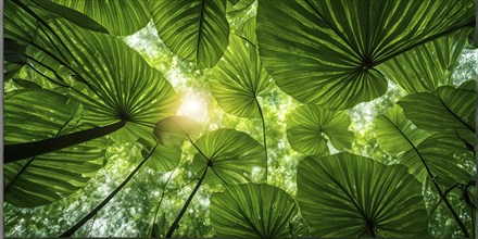 Rainforest canopy with verdant greenery and sunbeams piercing through the leaves, AI generated