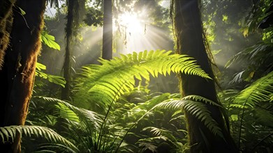 Rainforest canopy with verdant greenery and sunbeams piercing through the leaves, AI generated