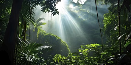 Rainforest canopy with verdant greenery and sunbeams piercing through the leaves, AI generated